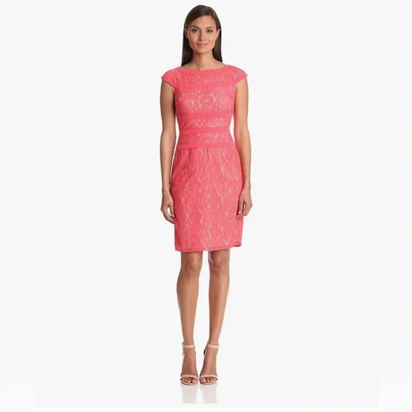 Adrianna Papell | Dresses | Adrianna Papell Coral Cocktail Sheath Floral  Lace Tube Dress Size 4 | Poshmark